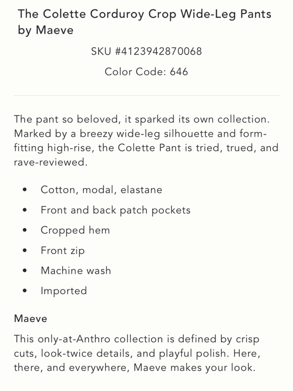 Anthropologie Maeve The Colette Corduroy Crop Wide-Leg Pants - Picture 6 of 6